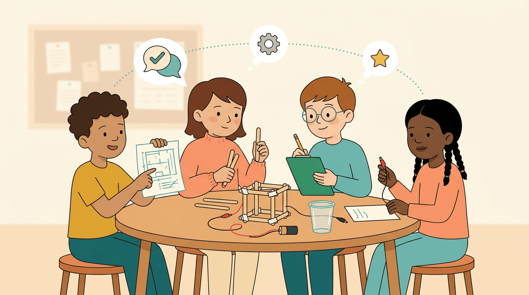 Four diverse fourth graders collaborate on a STEM project at a round table, using props and shared icons to show teamwork and leadership.