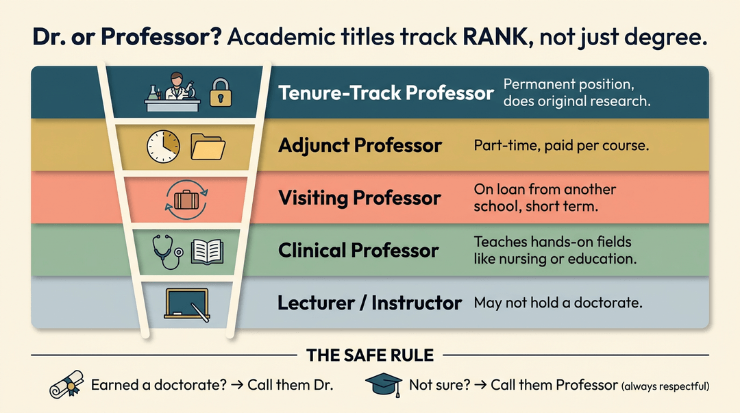 Infographic explaining academic titles like Tenure-Track, Adjunct, and Lecturer, with a rule to use