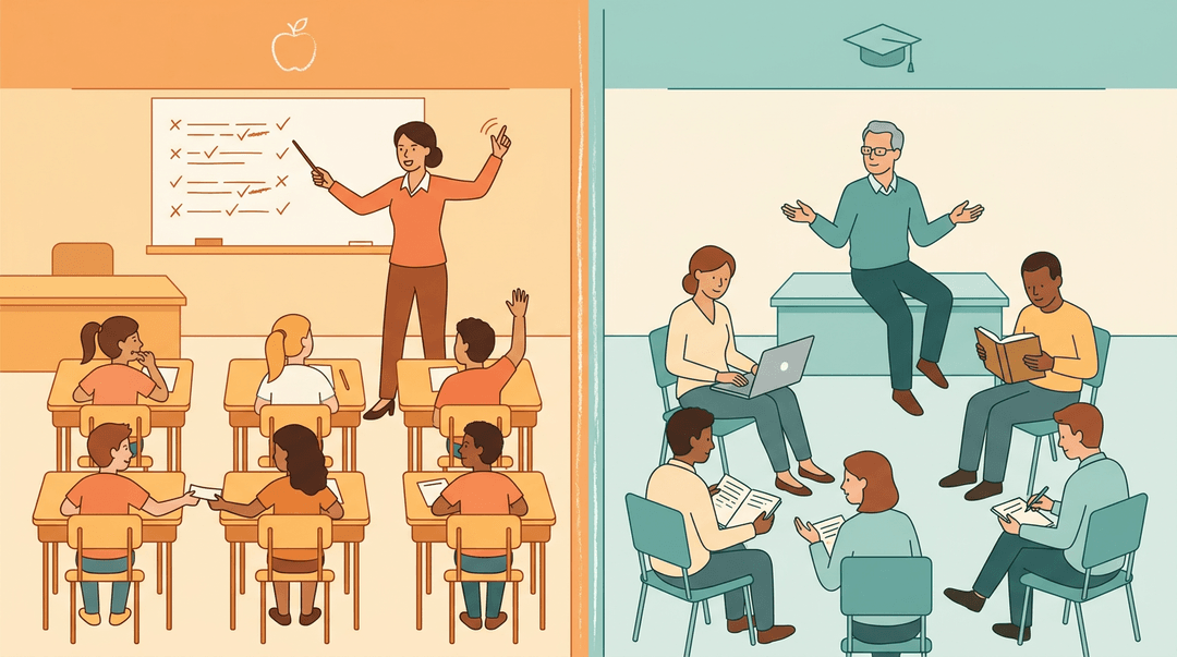 A split illustration contrasts a teacher-led middle school classroom with an independent college seminar, showing shifting supervision styles.