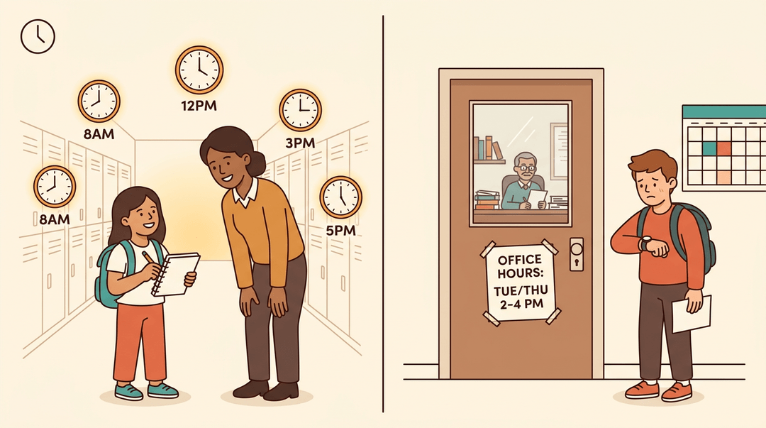 High school teacher available anytime versus college professor with limited office hours, contrasting access levels.