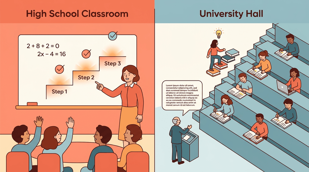 A split illustration contrasts a small, interactive high school math class on the left with a large, independent university lecture hall on the right.
