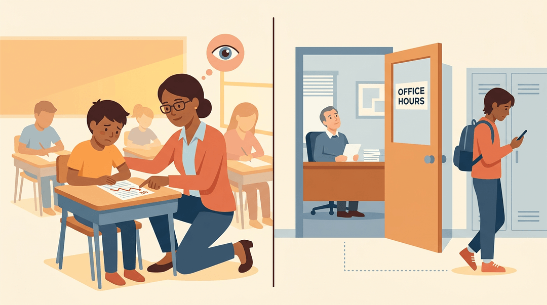 A split illustration contrasting a supportive high school teacher with an isolated college student, showing help comes to you in school but you must seek it in college.