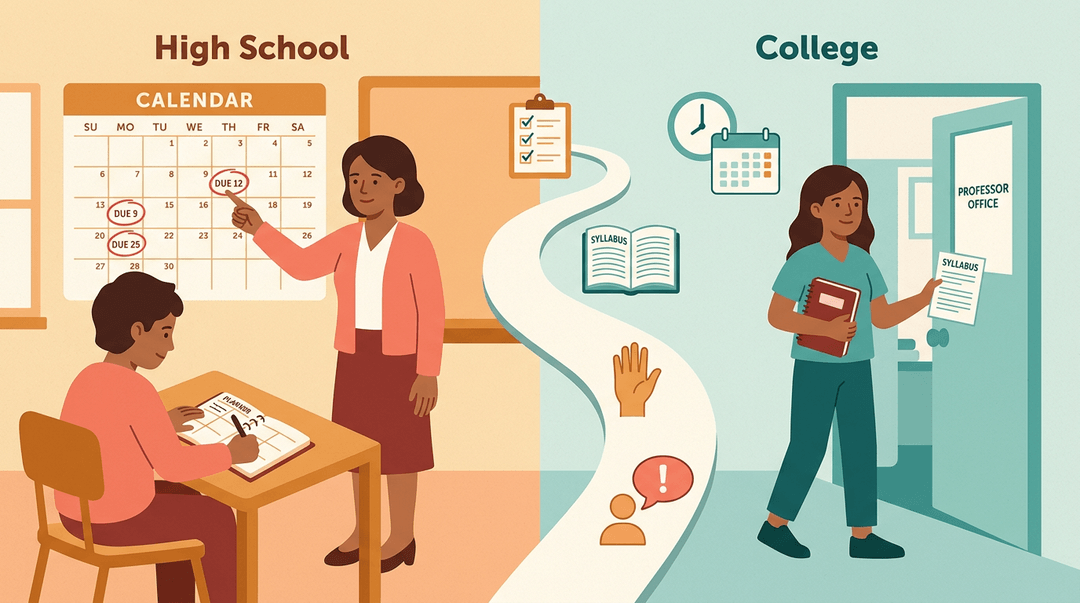 A student transitions from a guided high school classroom to an independent college setting, bridged by icons of planning and communication.