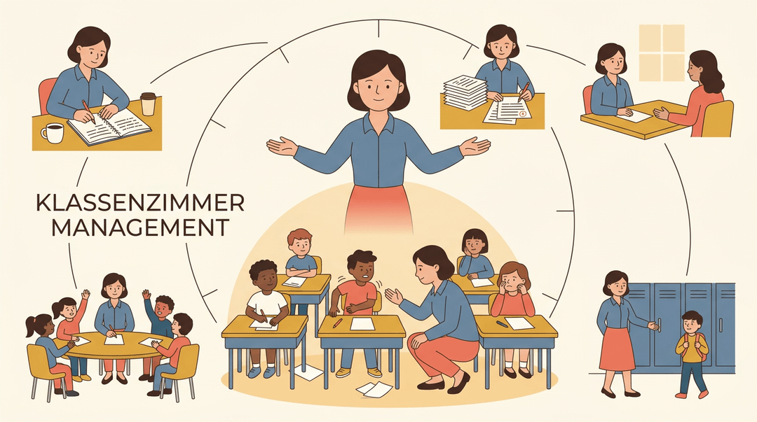 A teacher balances classroom management with grading, meetings, and planning in a split-panel clock illustration.