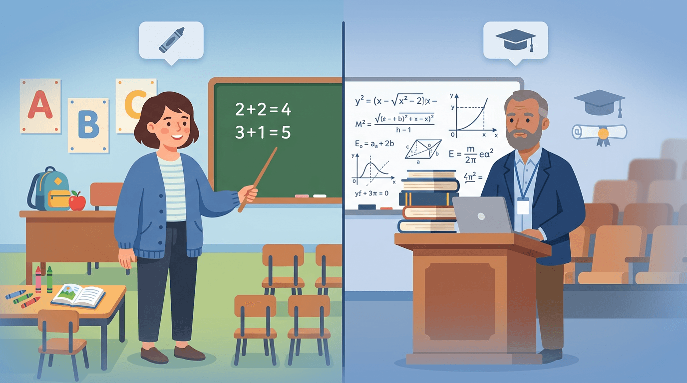 Side-by-side flat vector art comparing a K-12 teacher with students to a university professor lecturing.
