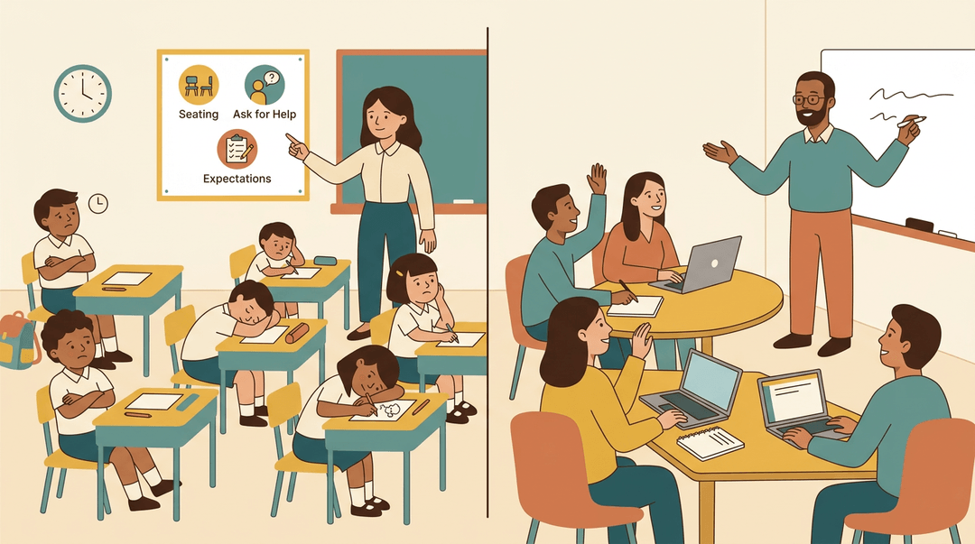 A split illustration contrasts a bored K-12 class with engaged college students to show differing levels of classroom engagement.