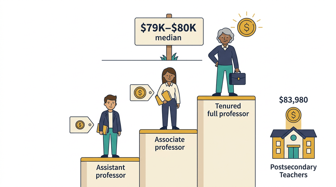 Infographic showing salary increases from assistant to full professor, with a national median for postsecondary teachers.