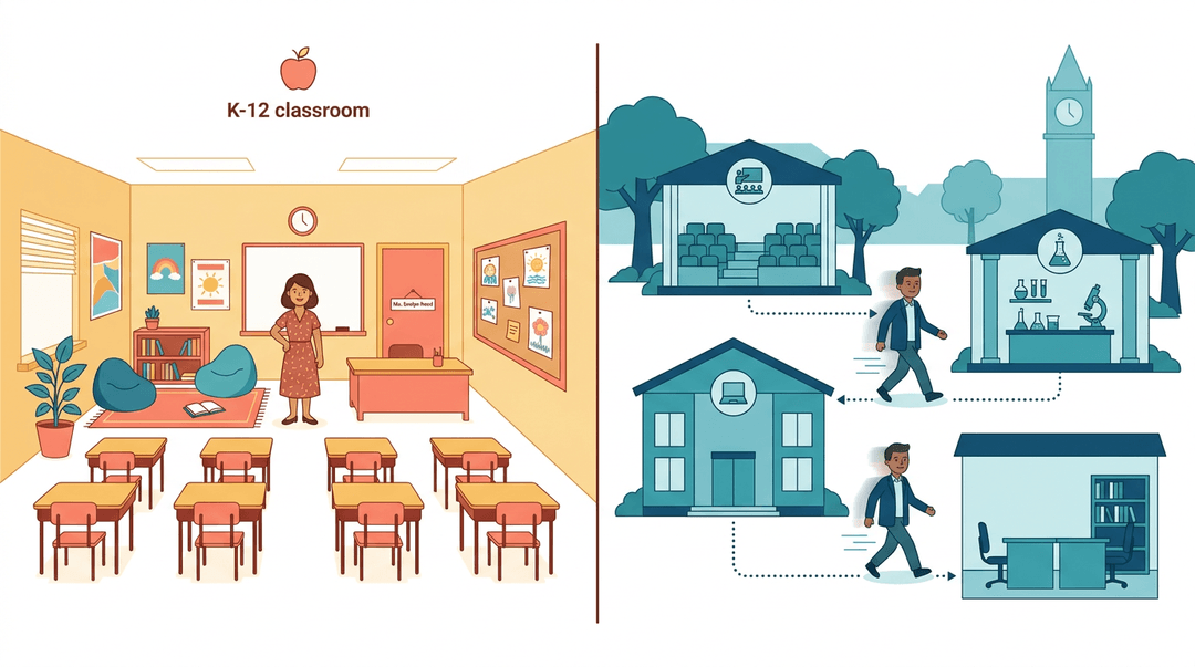 Split-screen comparison of a stationary K-12 teacher in one classroom versus a mobile professor moving between multiple campus buildings.