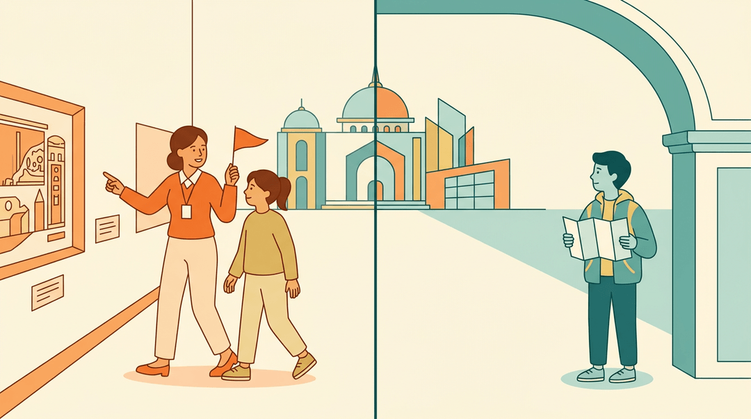 Split image contrasting guided museum tour with independent exploration, both leading to the same destination.