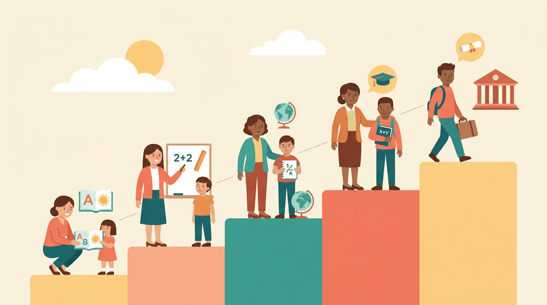 A staircase of teachers and students rising from kindergarten to college, symbolizing educational growth.