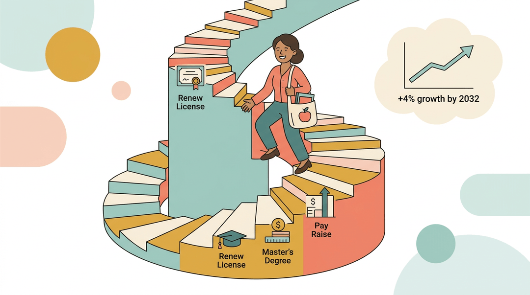 A teacher climbs a spiraling staircase labeled with renewal steps like licensing and pay raises, symbolizing career growth through continuous learning.