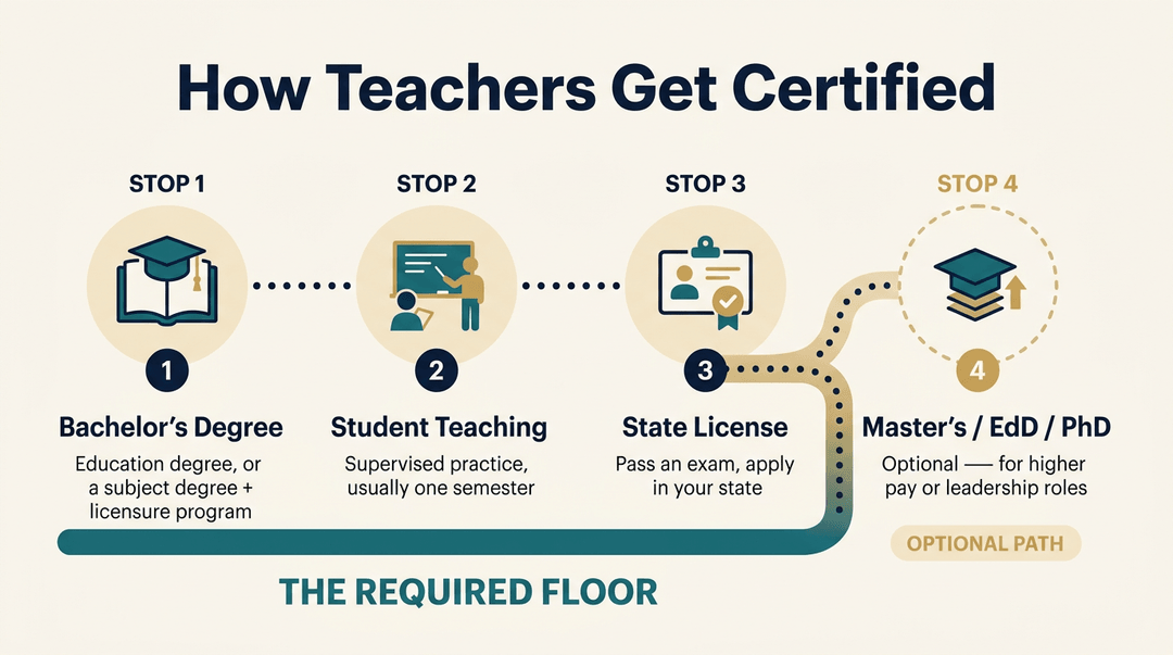 Infographic showing teacher certification: three required steps (degree, student teaching, license) and one optional step (advanced degree).