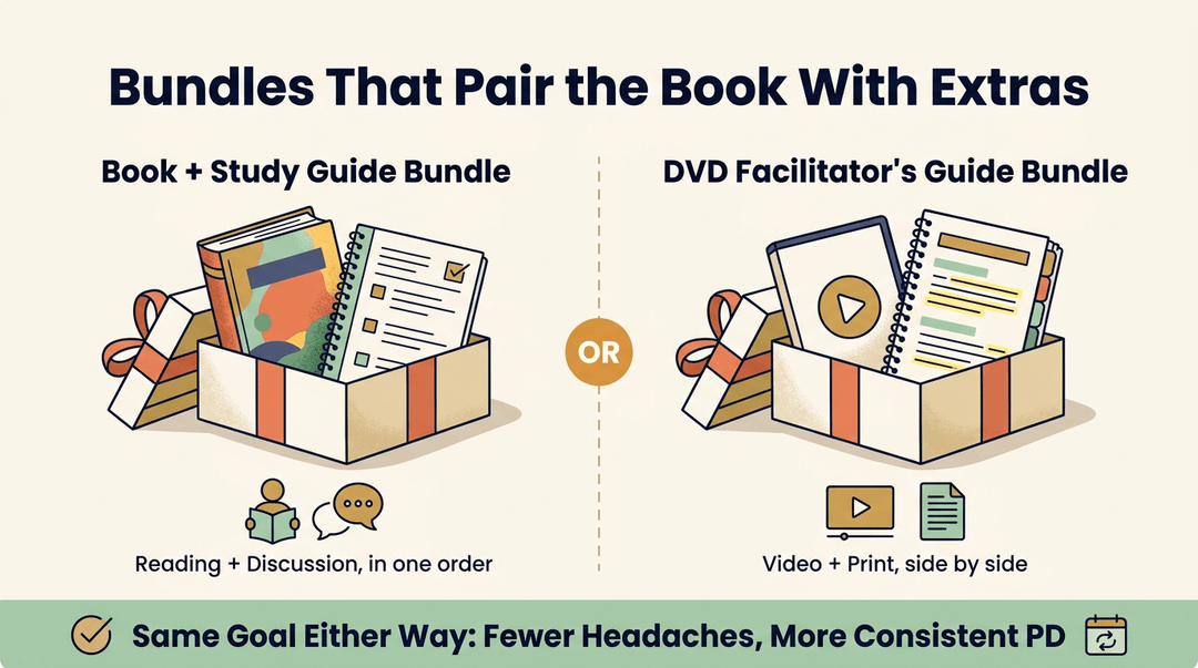 Two gift boxes show book-plus-study-guide and DVD-plus-facilitator-guide bundles, separated by an