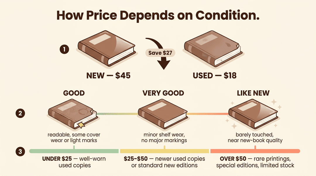 Infographic showing textbook prices drop as condition worsens, from over $50 for like-new to under $25 for good used copies.