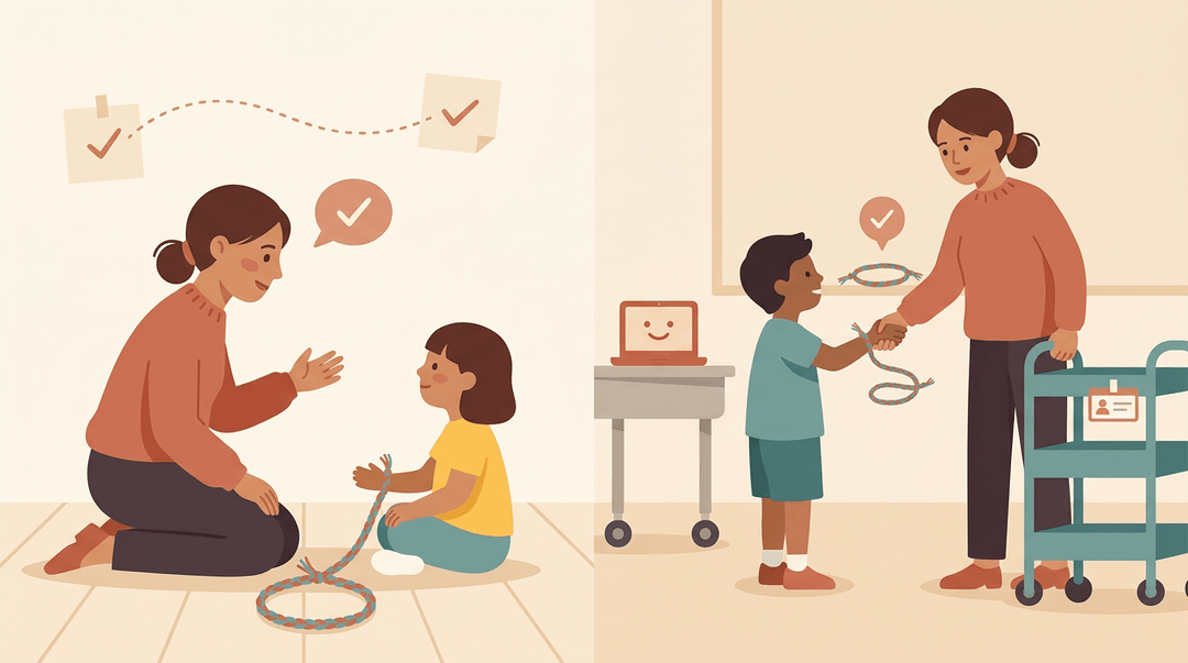 A teacher builds trust with students through consistent connection, symbolized by linked hands and checkmarks in both personal and classroom settings.