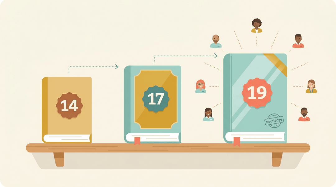 A book grows in size from edition 14 to 19 on a shelf, symbolizing its evolution and expanding reach to diverse educators.