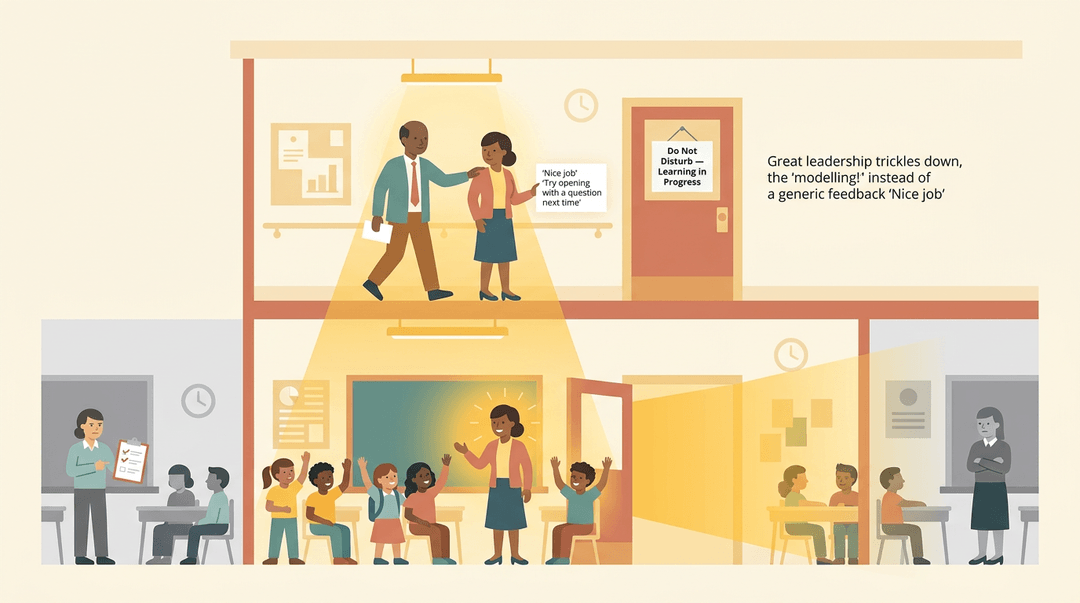 Cross-section showing a principal’s supportive feedback glowing down to an engaged classroom, contrasting with a distant, gray, passive room.