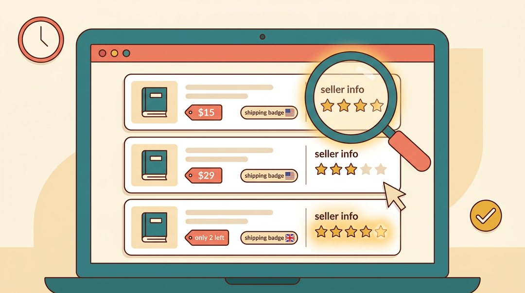 Laptop showing online textbook listings where a magnifying glass highlights seller ratings and shipping flags over price.