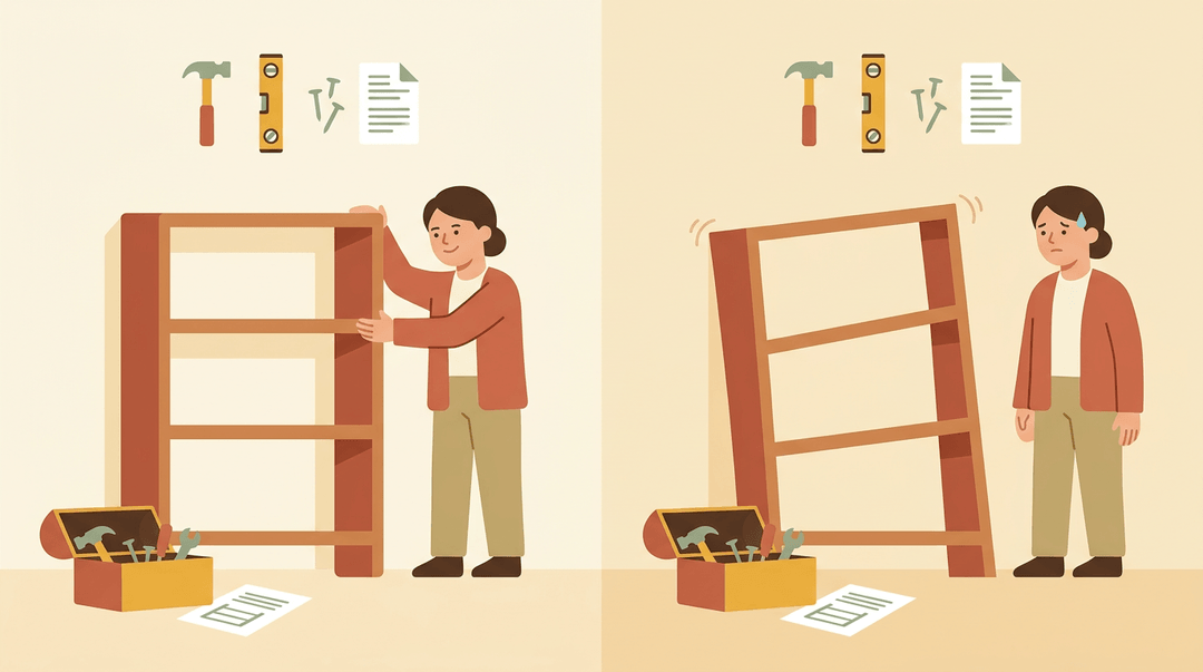 Split screen showing two teachers building shelves; the left shelf is sturdy and level, while the right one wobbles, illustrating that skill matters more than tools.