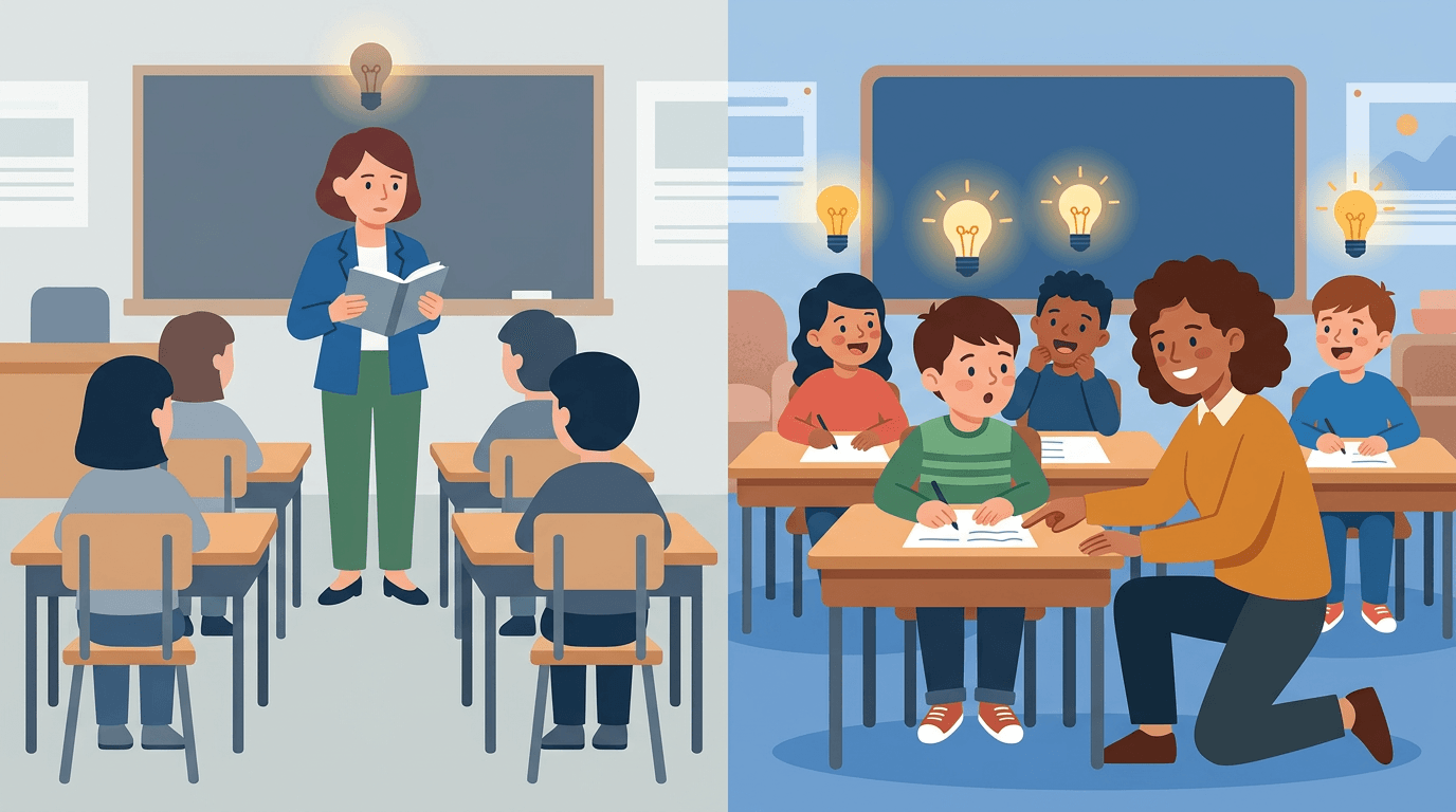 A teacher stands rigidly front-facing with one dim bulb, while another kneels beside students, sparking individual lightbulbs of curiosity.