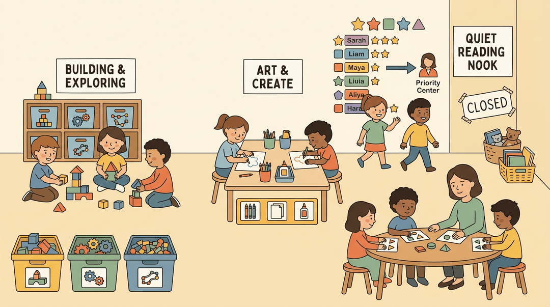 A tidy classroom with three learning centers, a star chart, and a teacher leading a small group.