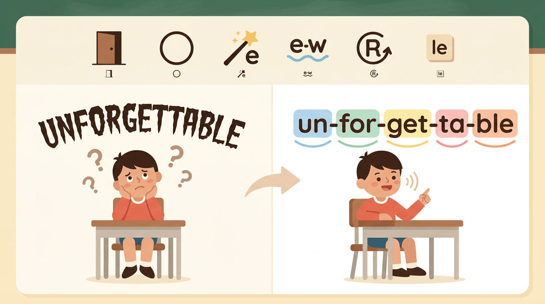 Student transforms from overwhelmed by a long word to confident, breaking it into colorful syllable chunks with icons of six syllable types.