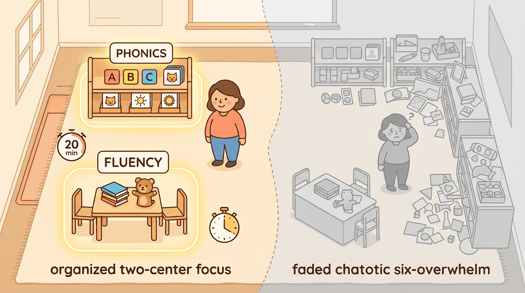 A bird's-eye view contrasts two organized, vibrant learning centers with four faded, chaotic ones, showing quality over quantity in a classroom.