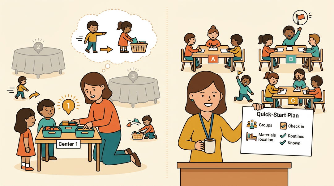 A split illustration shows a teacher modeling a single center with routines, then a substitute managing multiple independent centers using a quick-start plan.