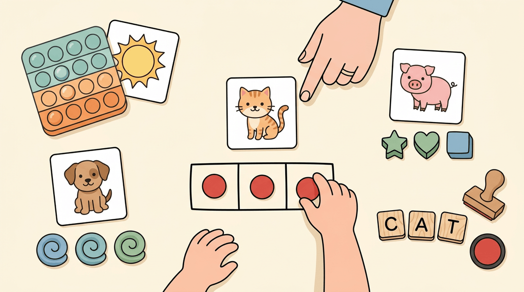 Top-down view of a child mapping sounds with chips under a cat picture, surrounded by play dough and letter tiles for literacy learning.
