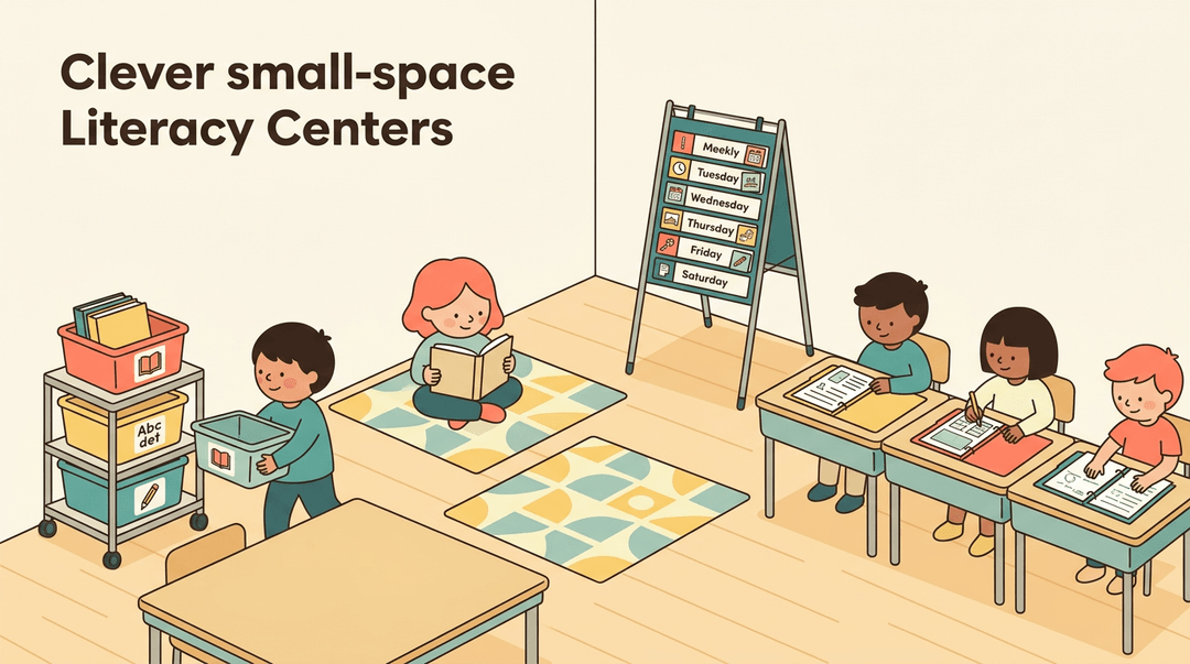 Cozy classroom corner with labeled tubs on a cart, children reading on floor squares, and a tripod pocket chart for small-space literacy.