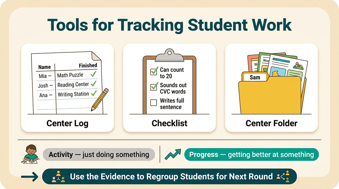 Infographic showing student tracking tools like center logs, checklists, and folders to regroup students based on progress.