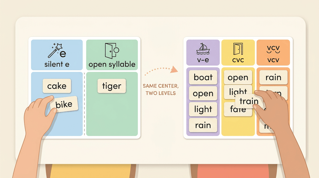 A top-down view of differentiated literacy centers with students sorting word cards into silent-e and open syllable columns.