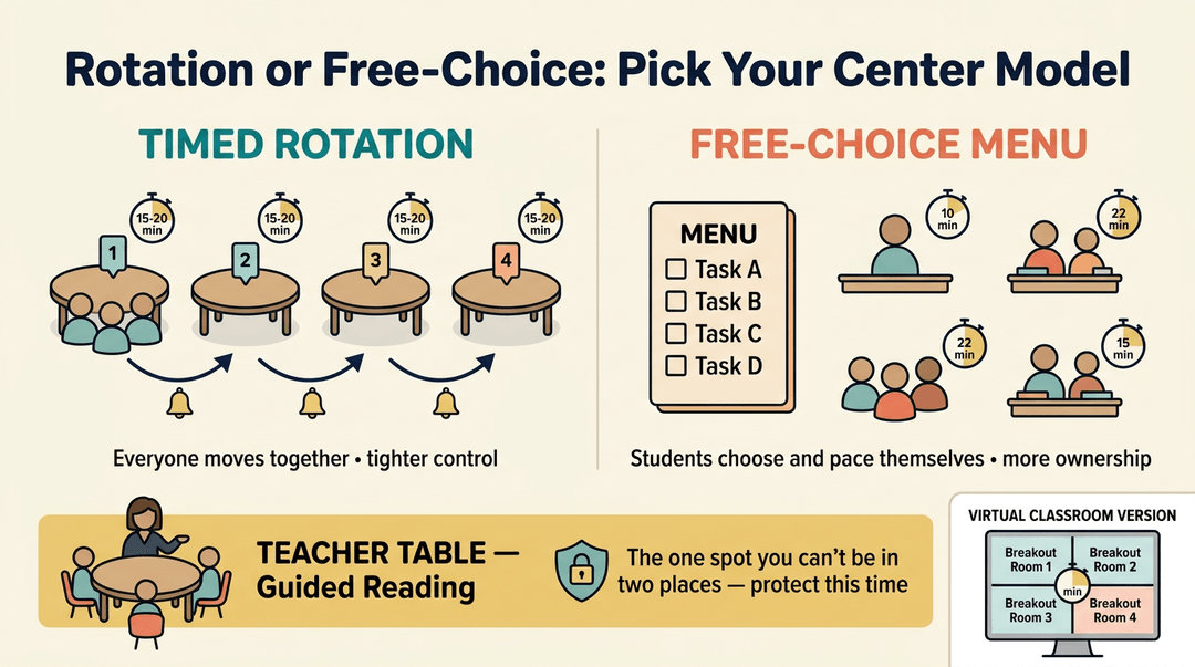 Infographic comparing timed rotation and free-choice centers, highlighting protected teacher table time.