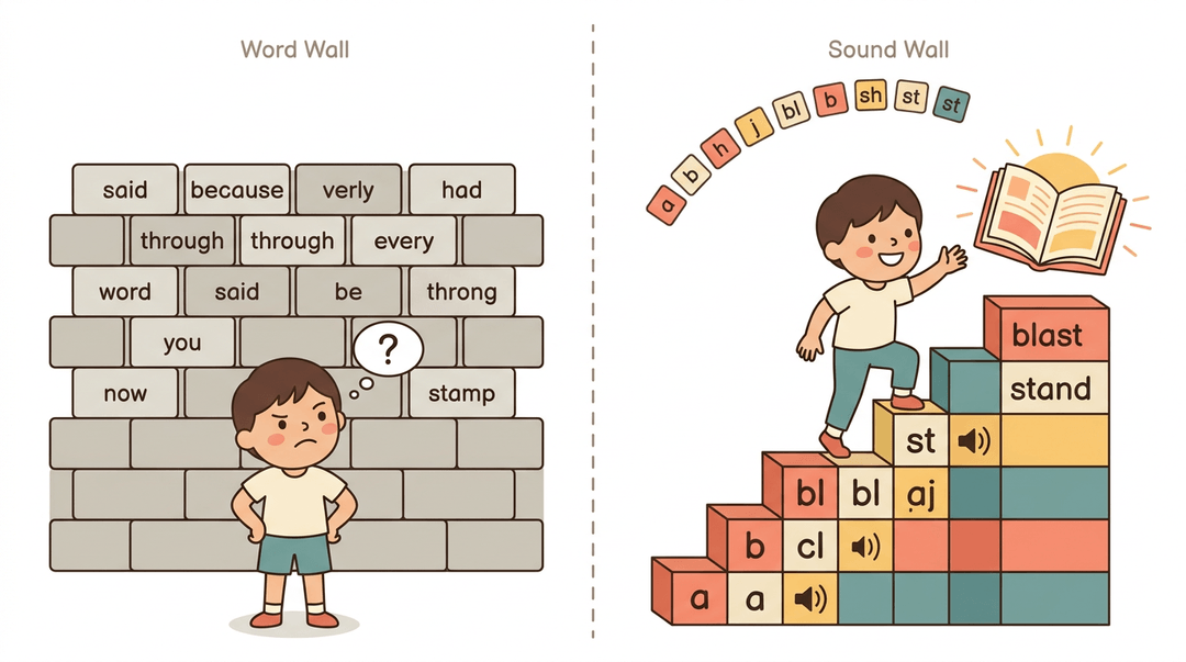 Contrast a stuck child facing a word wall with one climbing a sound wall to reach an open book.