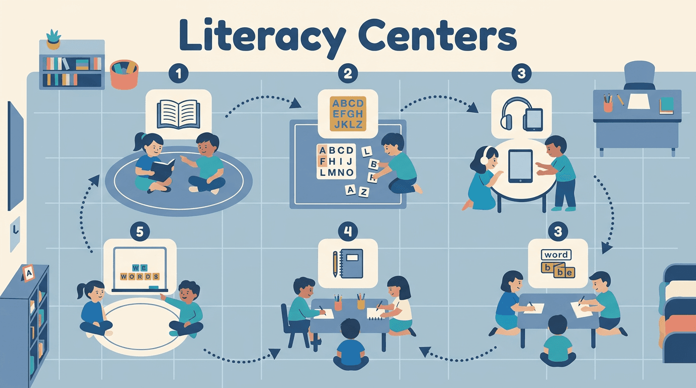 Flat vector illustration of five literacy center stations arranged in a circular rotation pattern with numbered steps and icons.