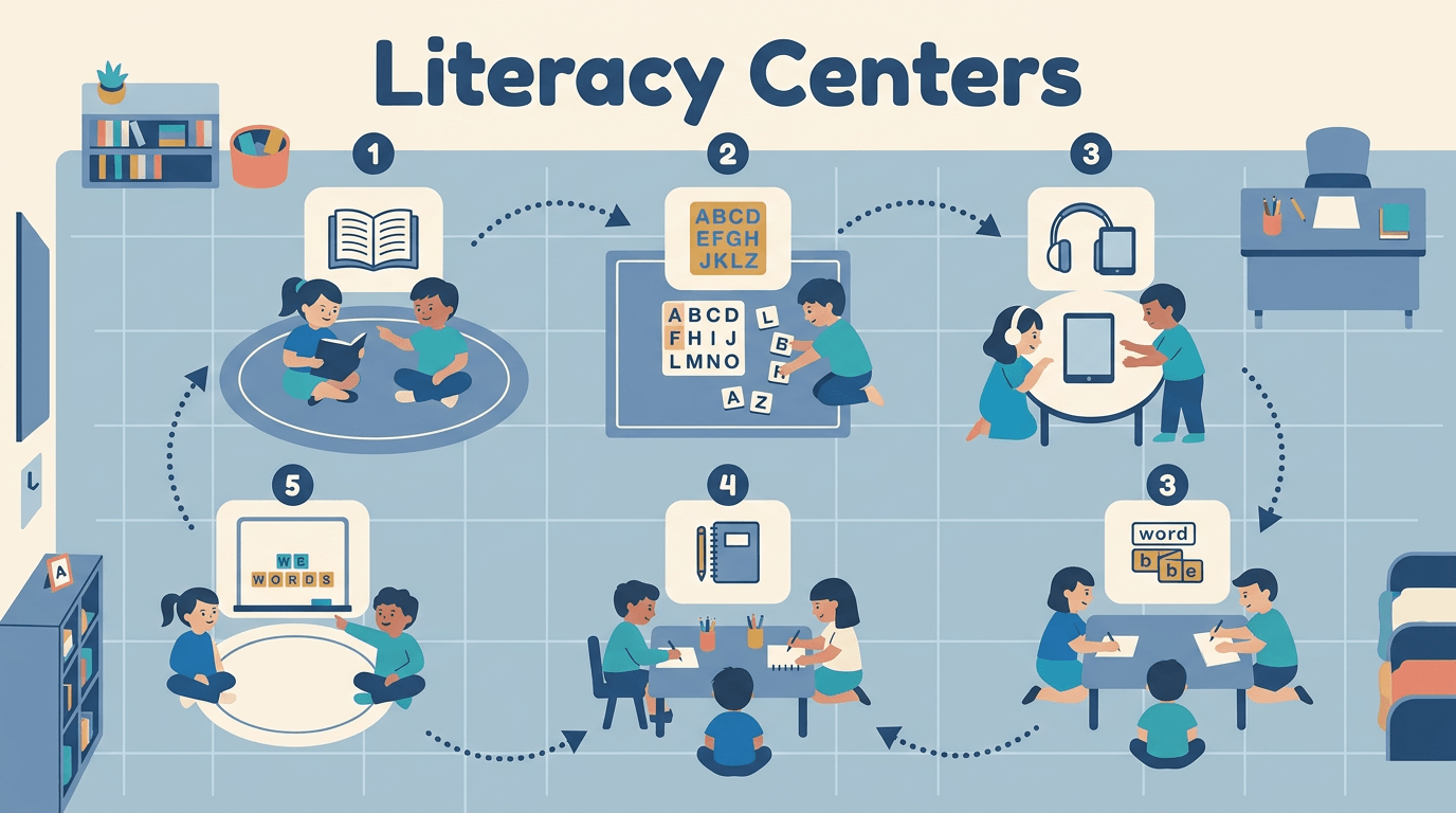 Flat vector illustration of five literacy center stations arranged in a circular rotation pattern with numbered steps and icons.