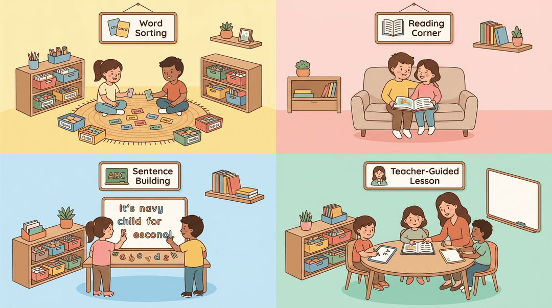 A flat vector illustration of a classroom with four literacy activity zones: word sorting, reading, magnetic letters, and teacher-led small group instruction.