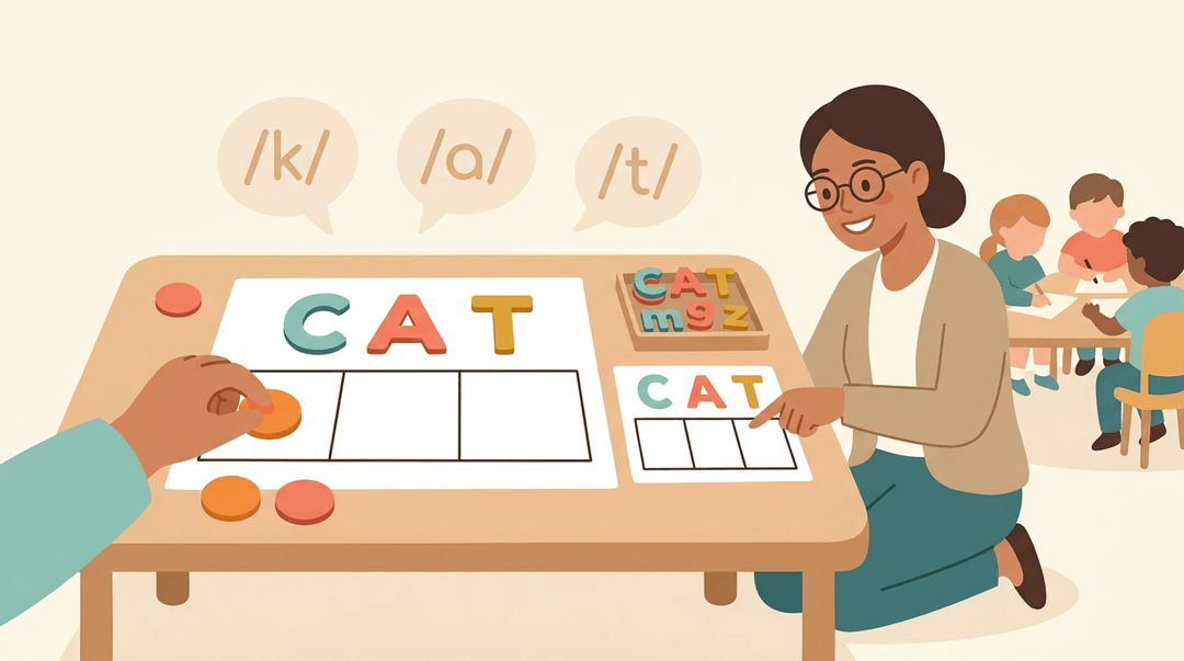 A teacher guides a student using Elkonin boxes and counters to segment the word CAT, with phoneme symbols floating above.