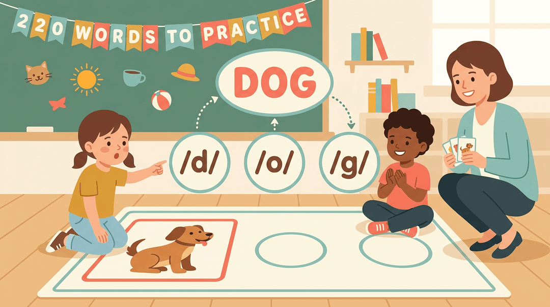 Children and teacher use a game mat to blend sounds /d/, /o/, /g/ into the word DOG, with an illustration of a dog.