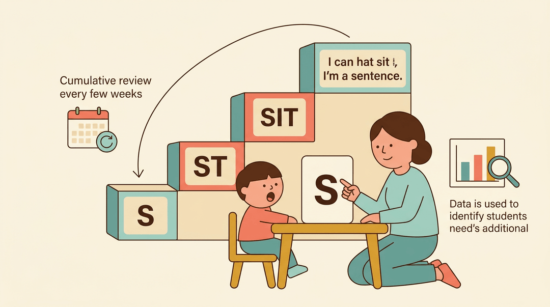 Teacher points to letter S flashcard while student mimics sound, with block staircase showing skill progression and review arrow.