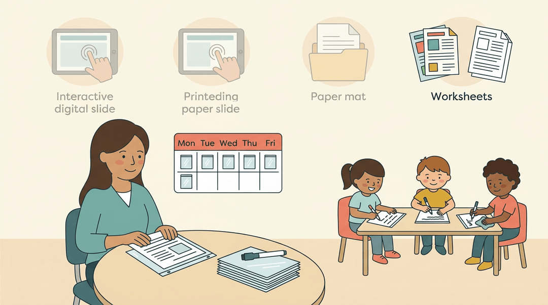 A teacher and students use reusable dry-erase sleeves for worksheets, with faded icons showing less efficient alternatives like paper and tablets.
