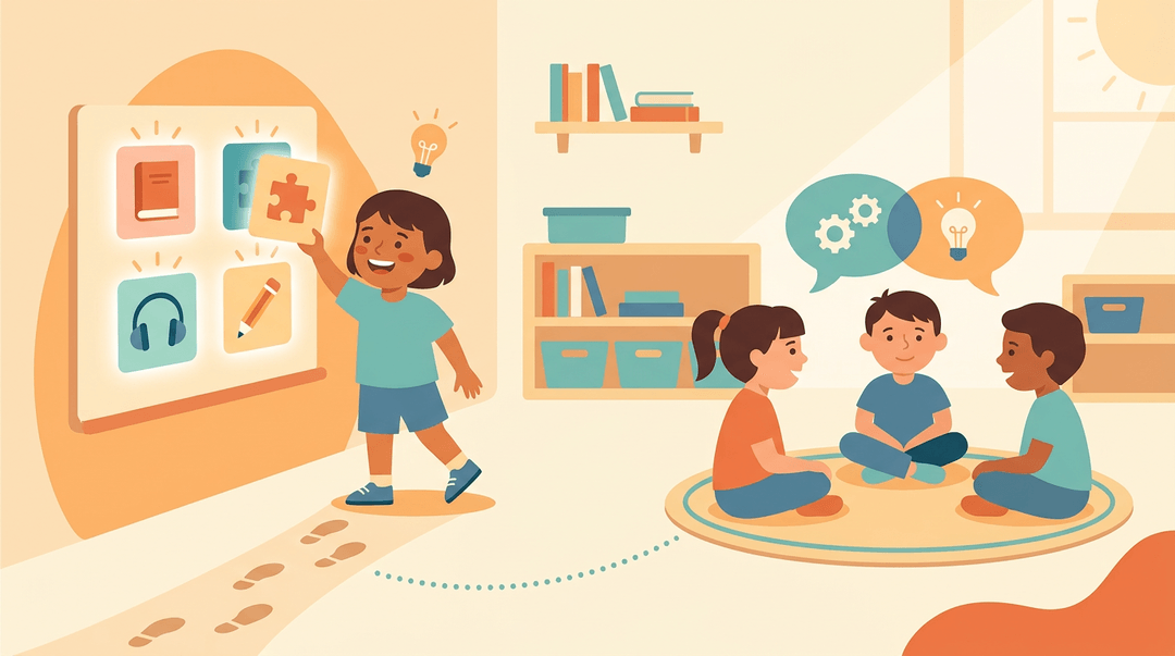 Children choose activities and collaborate in a warm, minimalist classroom with soft colors.