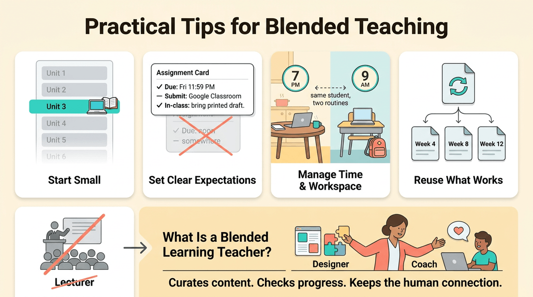 Infographic showing four practical tips for blended teaching and defining the role as a coach rather than just a lecturer.