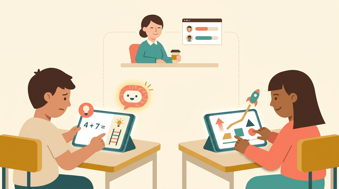 Two students use tablets with AI support; one gets hints while another levels up, monitored by a relaxed teacher.