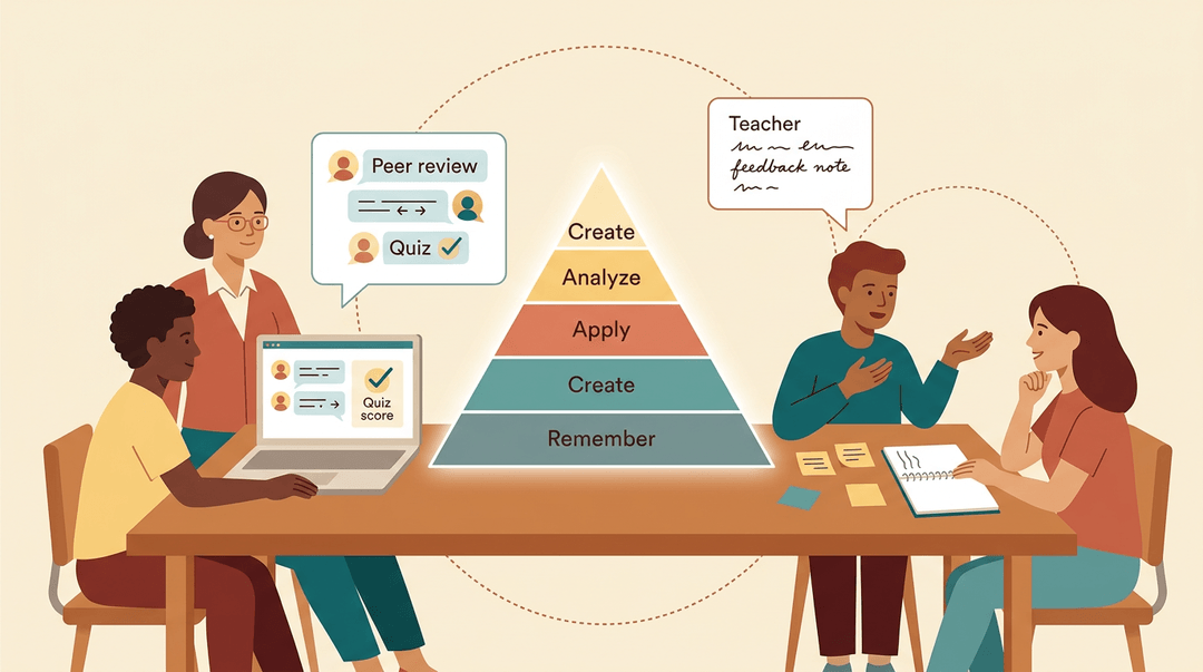 Diverse students and teacher collaborate around a glowing Bloom's taxonomy pyramid, blending digital feedback with in-person teamwork.