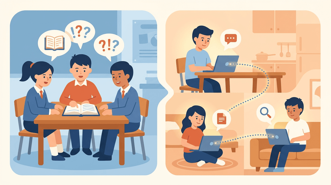 Three students collaborate in class, then continue their project online from home, connected by a glowing digital thread.