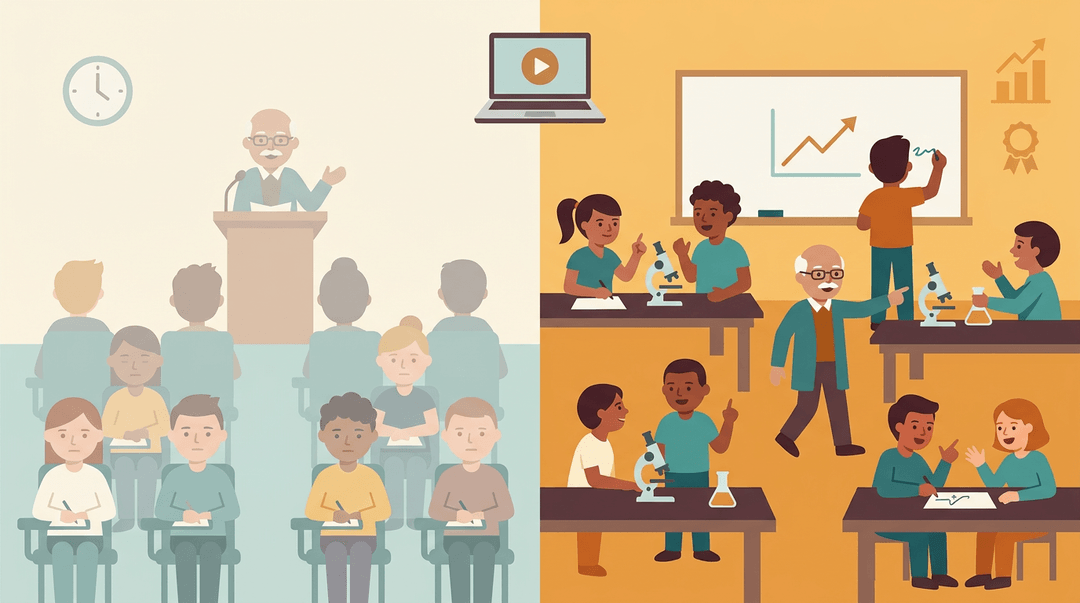 A split illustration contrasts passive lecture rows with vibrant active learning, showing students collaborating around lab tables and whiteboards.