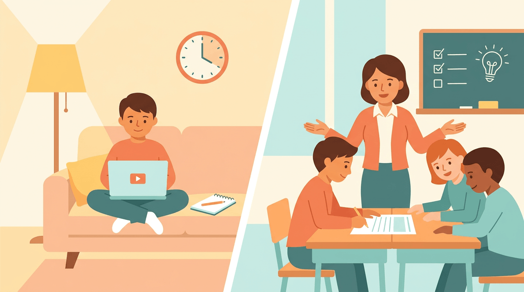 Split scene showing a student learning online at home and then collaborating with peers in class, illustrating the flipped classroom model.