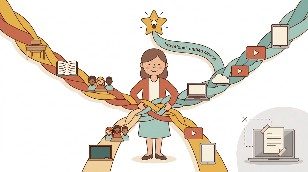 Teacher weaves in-person and online learning icons into a unified ribbon, contrasting with a disconnected worksheet taped to a laptop.