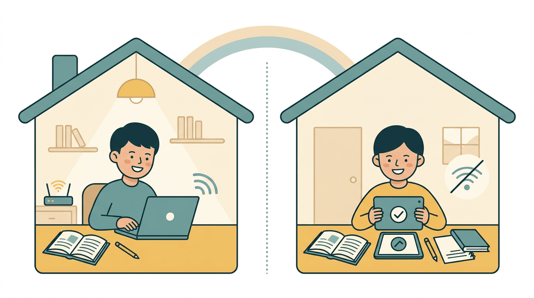 Two students learn at home, one with wifi and one offline, connected by a bridge to show equal access.